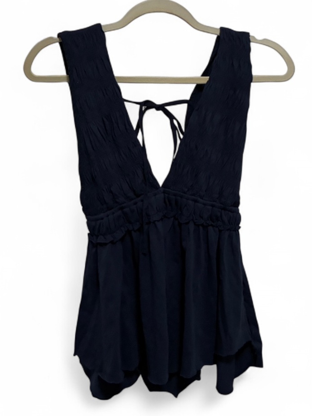 Anthropologie Sleeveless V-Neck Smocked Waist Tie Back Tank Top